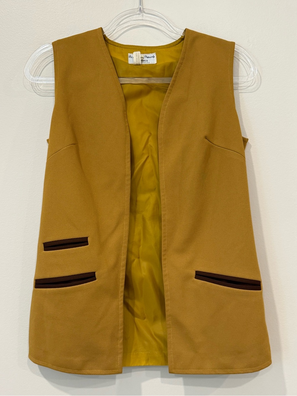 Vintage Academy Award Clothes Mustard Yellow Open Vest Brown Trim